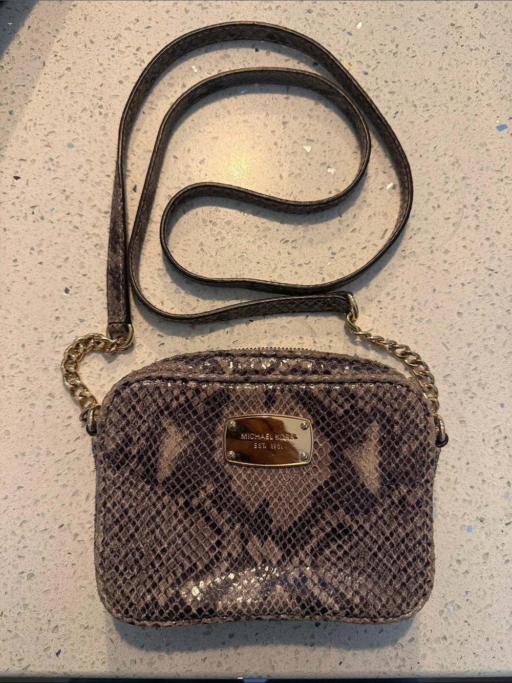Michael Kors Brown Snake-Embossed Crossbody with Gold Hardware